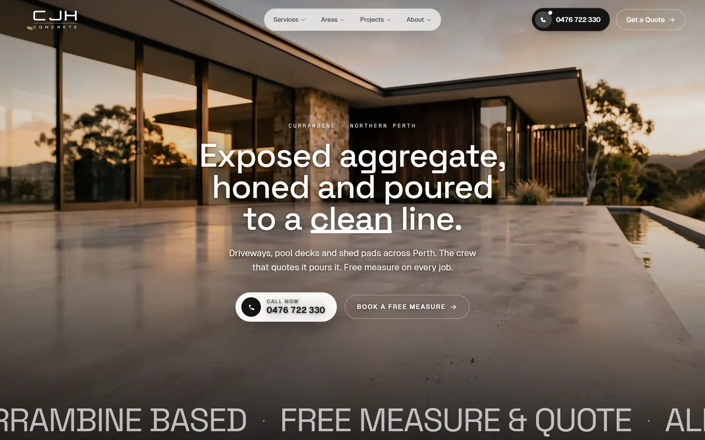 CJH Concrete homepage, showing the Currambine location, the published mobile number and the free measure call to action