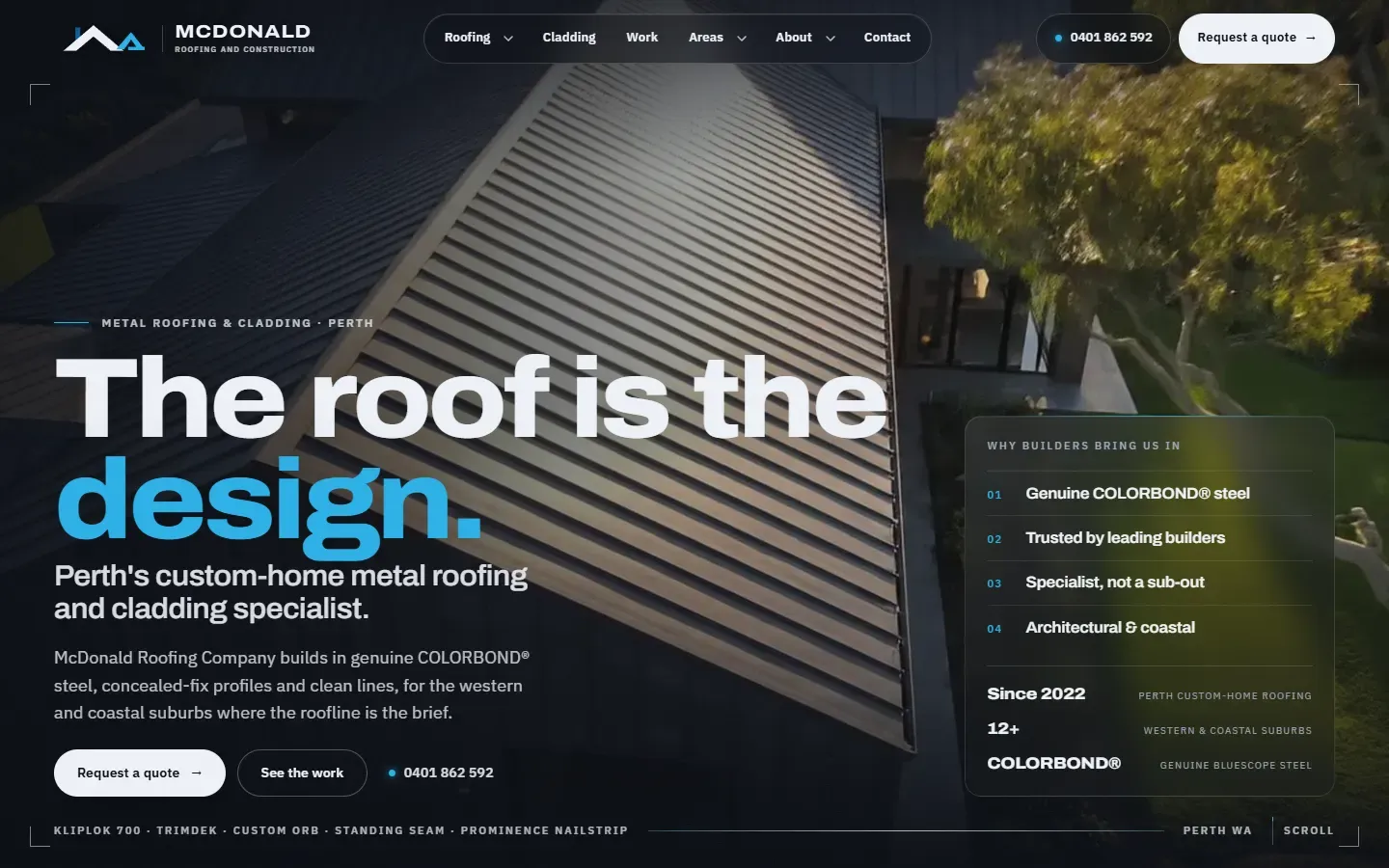 McDonald Roofing Company homepage: "The roof is the design." over a standing-seam metal roof
