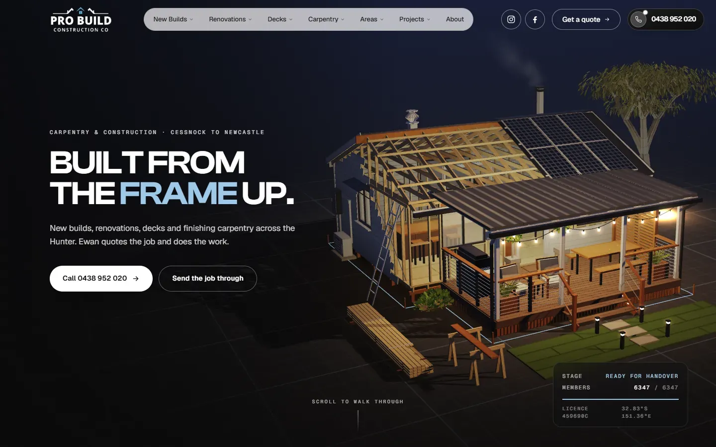 Probuild Construction Co homepage: Built from the frame up headline, published mobile number and 3D timber-frame house
