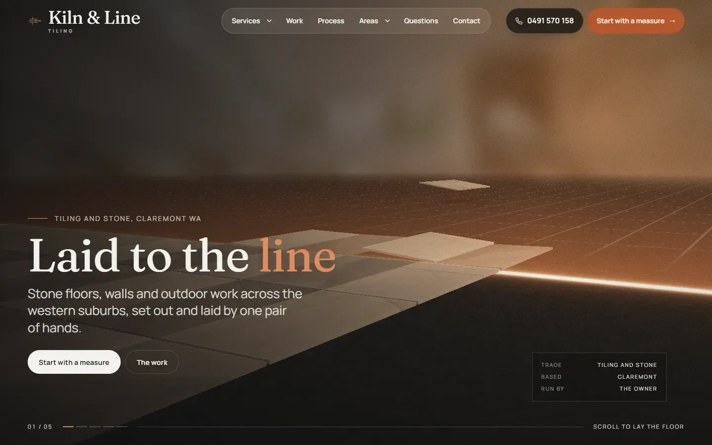 Concept homepage for fictional Kiln & Line Tiling: 3D stone floor laid along a glowing laser line, headline Laid to the line.