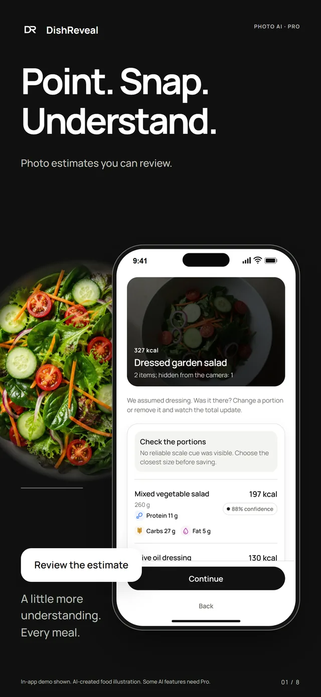 DishReveal screenshot: a dressed garden salad estimated at 327 kcal, with a prompt to check the portions before saving