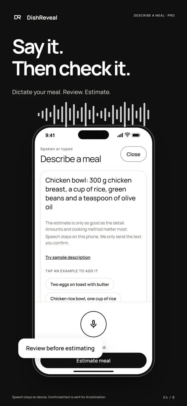 DishReveal screenshot: a chicken bowl described in words, ready to review before tapping Estimate meal