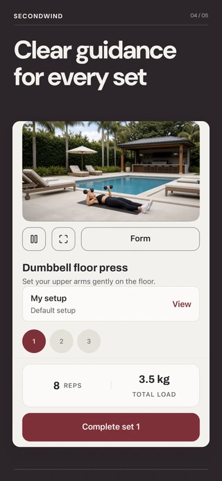 Secondwind exercise video, form cue and set logging controls