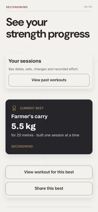 Secondwind workout history and a recorded personal best