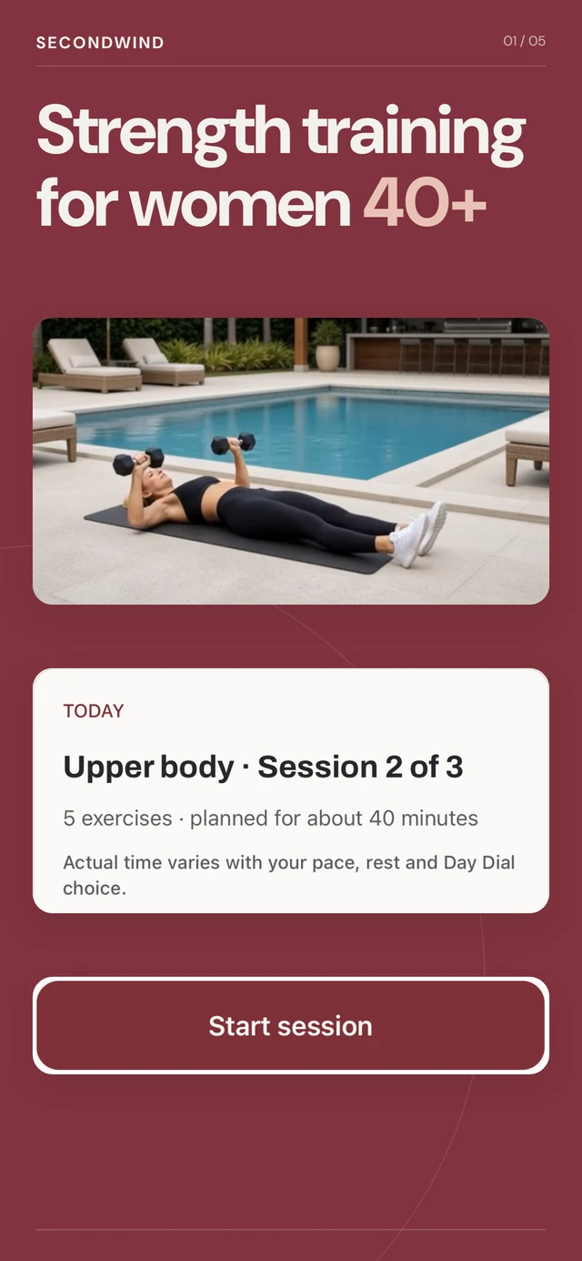 Secondwind Today screen with a planned strength session and Start session control