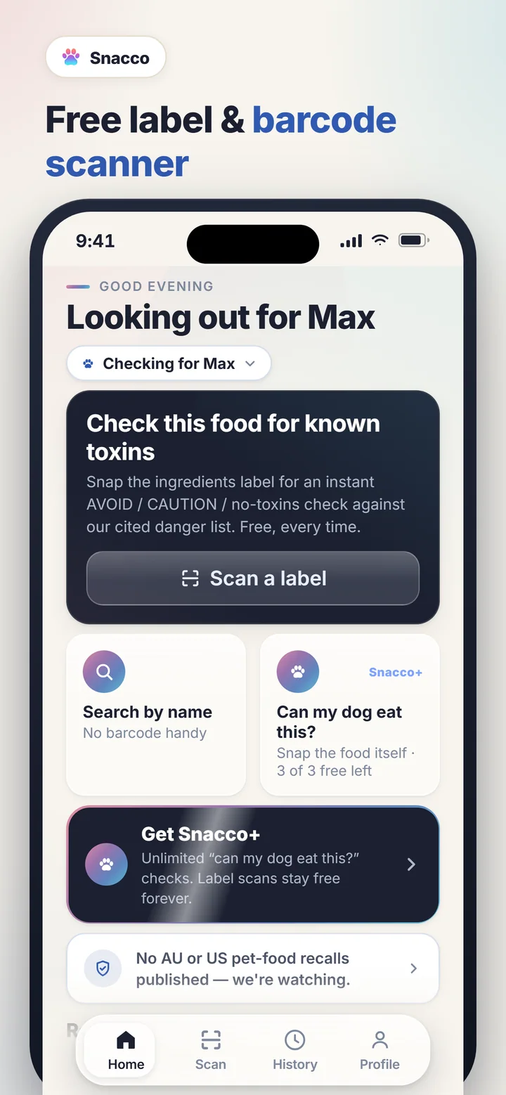 Snacco iPhone home screen showing the pet-food label and barcode scanner