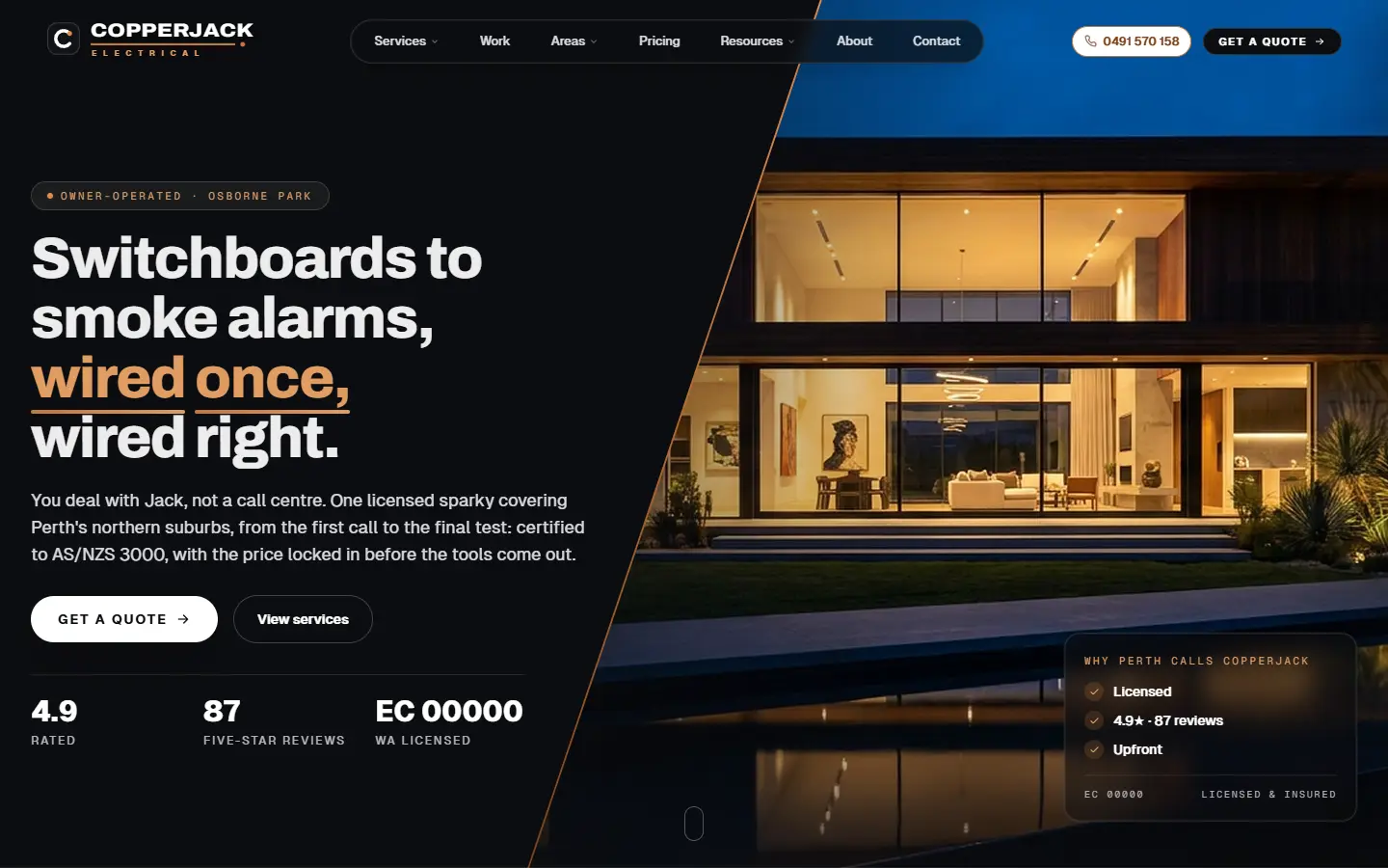 Concept homepage for fictional Copperjack Electrical: dark split hero, dusk house, copper headline and quote buttons.