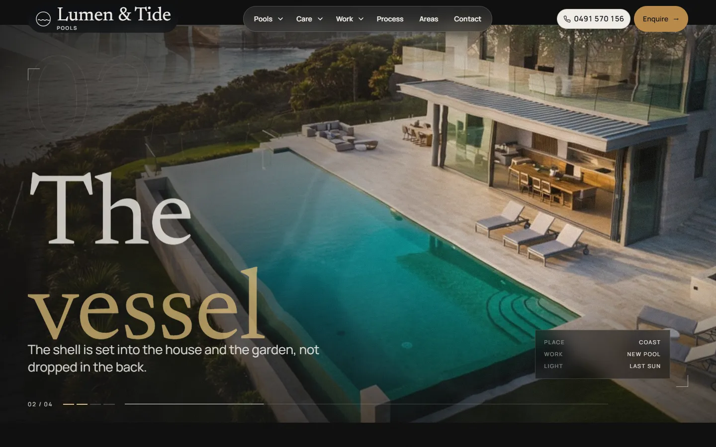 Second scene of the fictional Lumen & Tide Pools hero: aerial infinity pool with the headline The vessel.