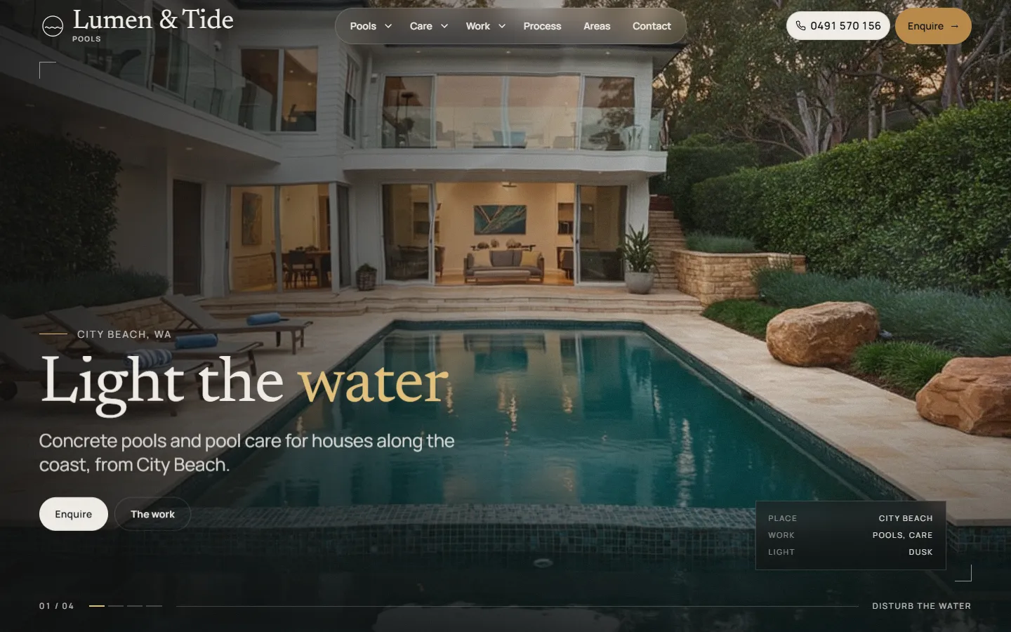 Concept homepage for fictional Lumen & Tide Pools: dusk pool and house, serif headline Light the water, film-style readout.