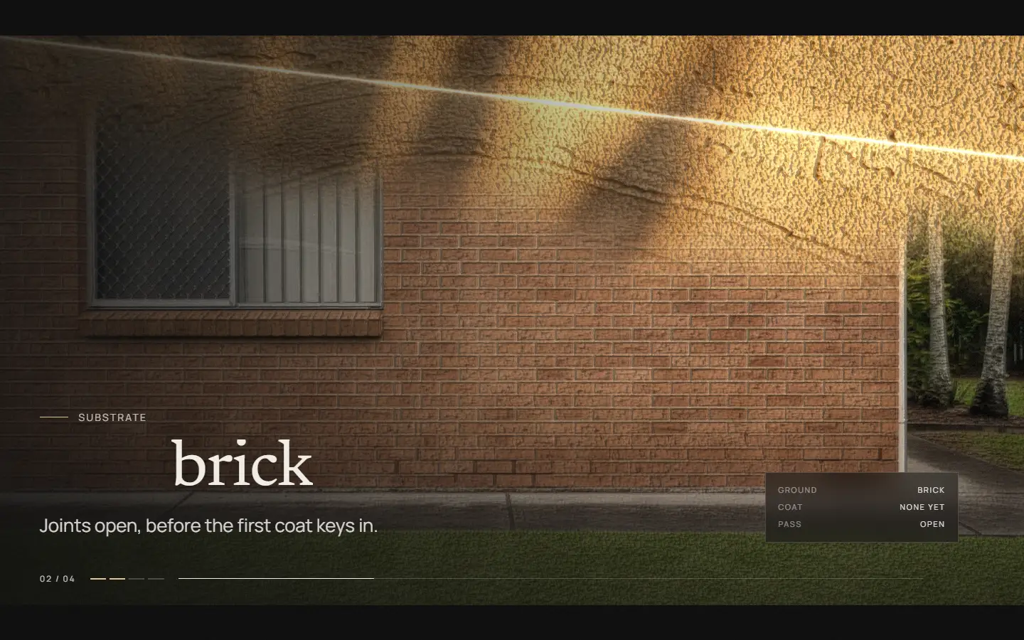 Third scene of the fictional Morrow & Lime hero: a wet render coat floated halfway across a brick gable.