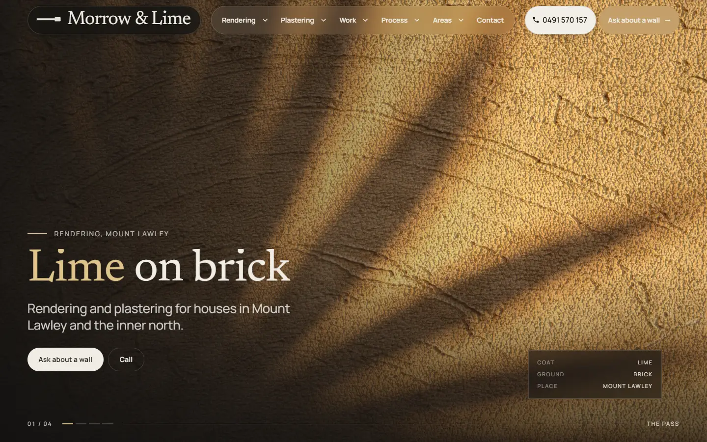 Concept homepage for fictional Morrow & Lime Rendering: raking light across a textured render wall, headline Lime on brick.