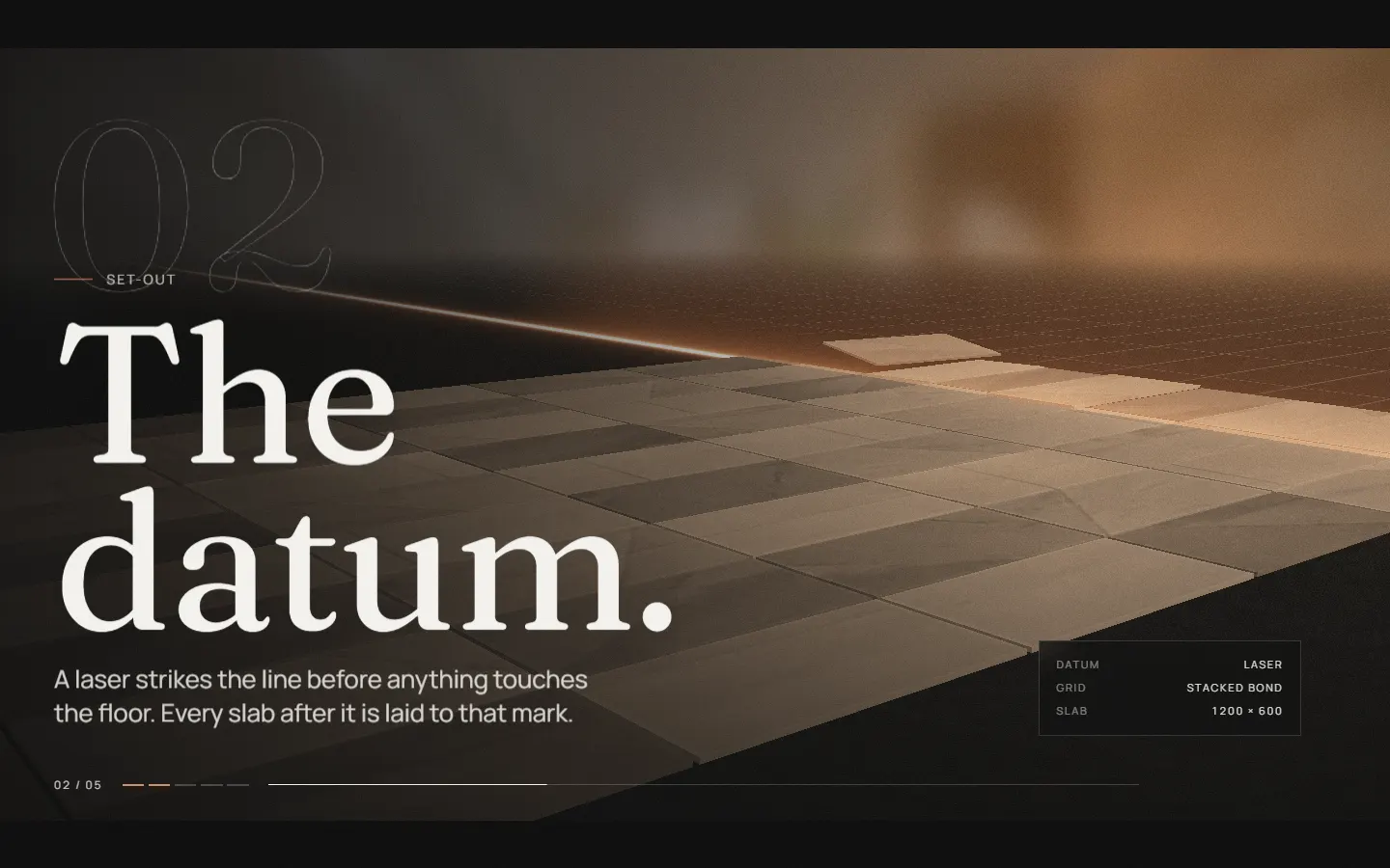Second scene of the fictional Kiln & Line hero: stone slabs seating in courses behind the laser line, headline The datum.
