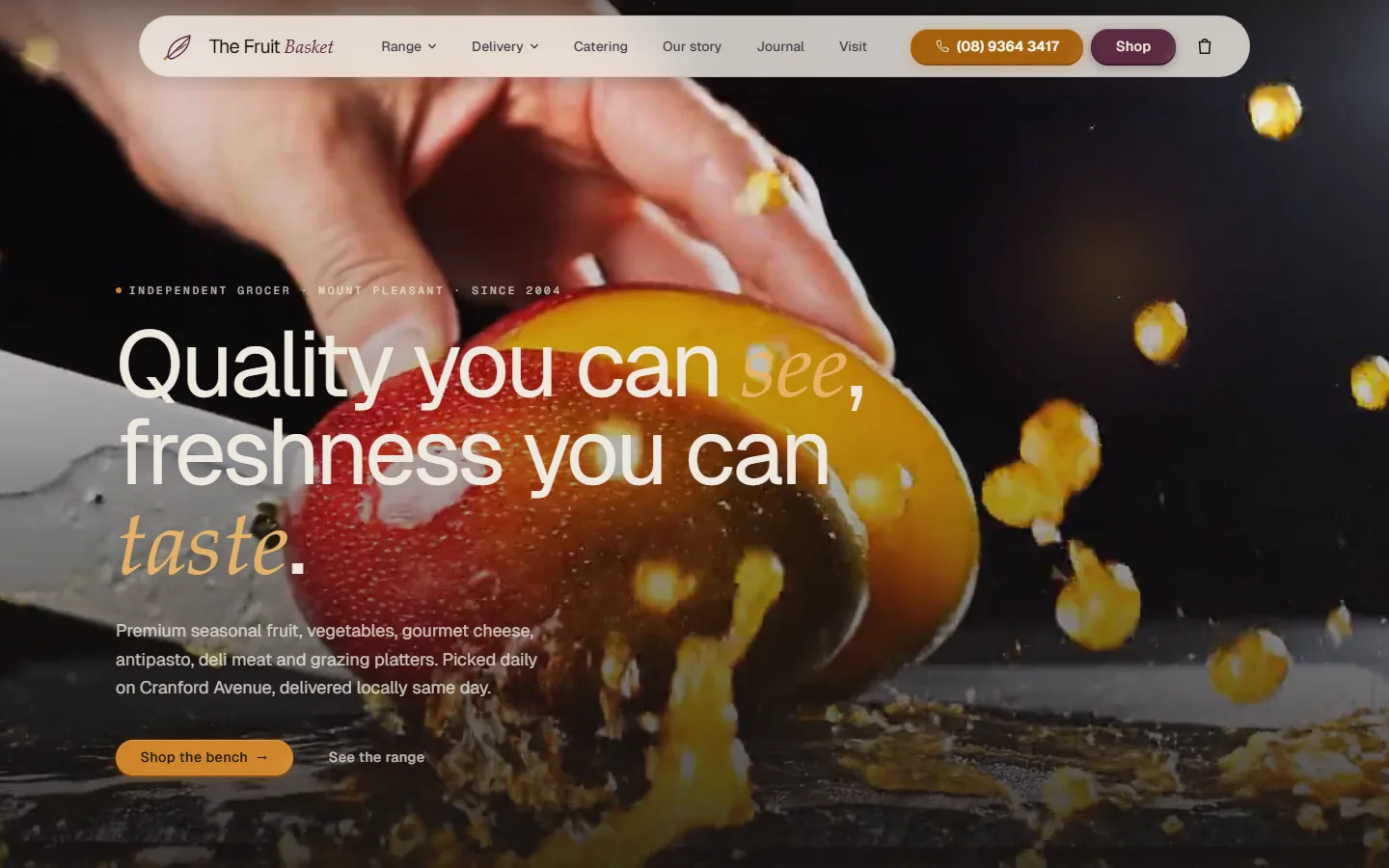 The Fruit Basket homepage showing fresh produce, local store information and shopping actions
