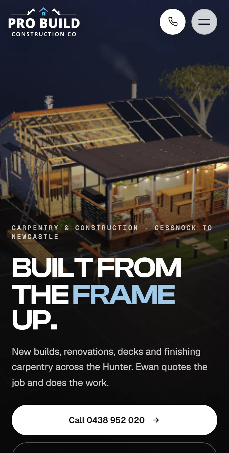 Probuild Construction Co homepage on a phone: a round call button in the header and a Call button under the headline