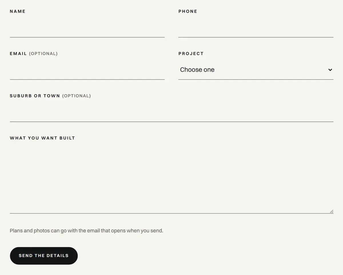 Bodycote Building enquiry form: name, phone, optional email, a project list, suburb or town, and what you want built