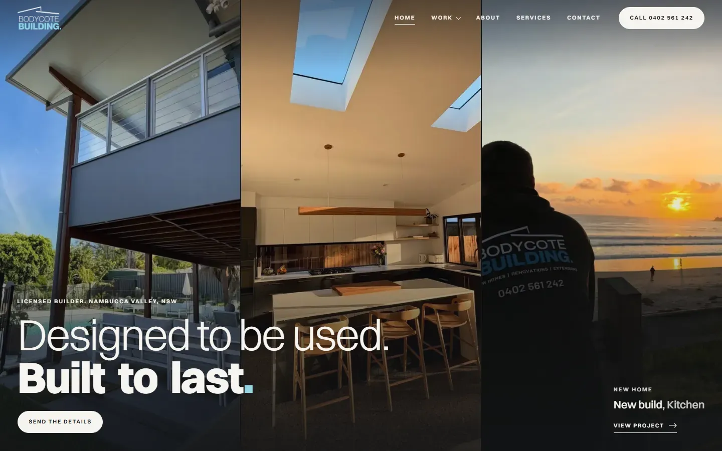 Bodycote Building homepage: Licensed builder, Nambucca Valley, NSW above the headline, with a Send the details button