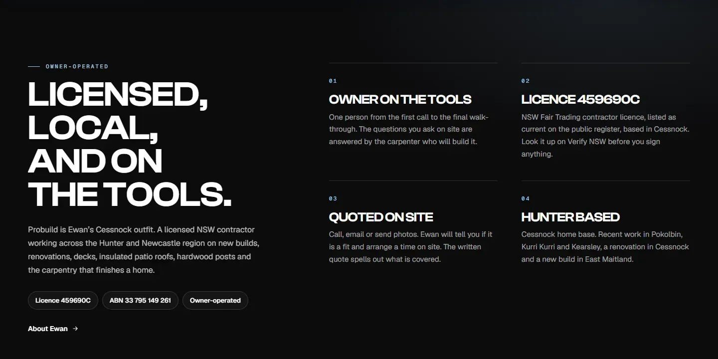 Probuild Construction Co homepage section headed Licensed, local, and on the tools, with the licence, the ABN and four cards