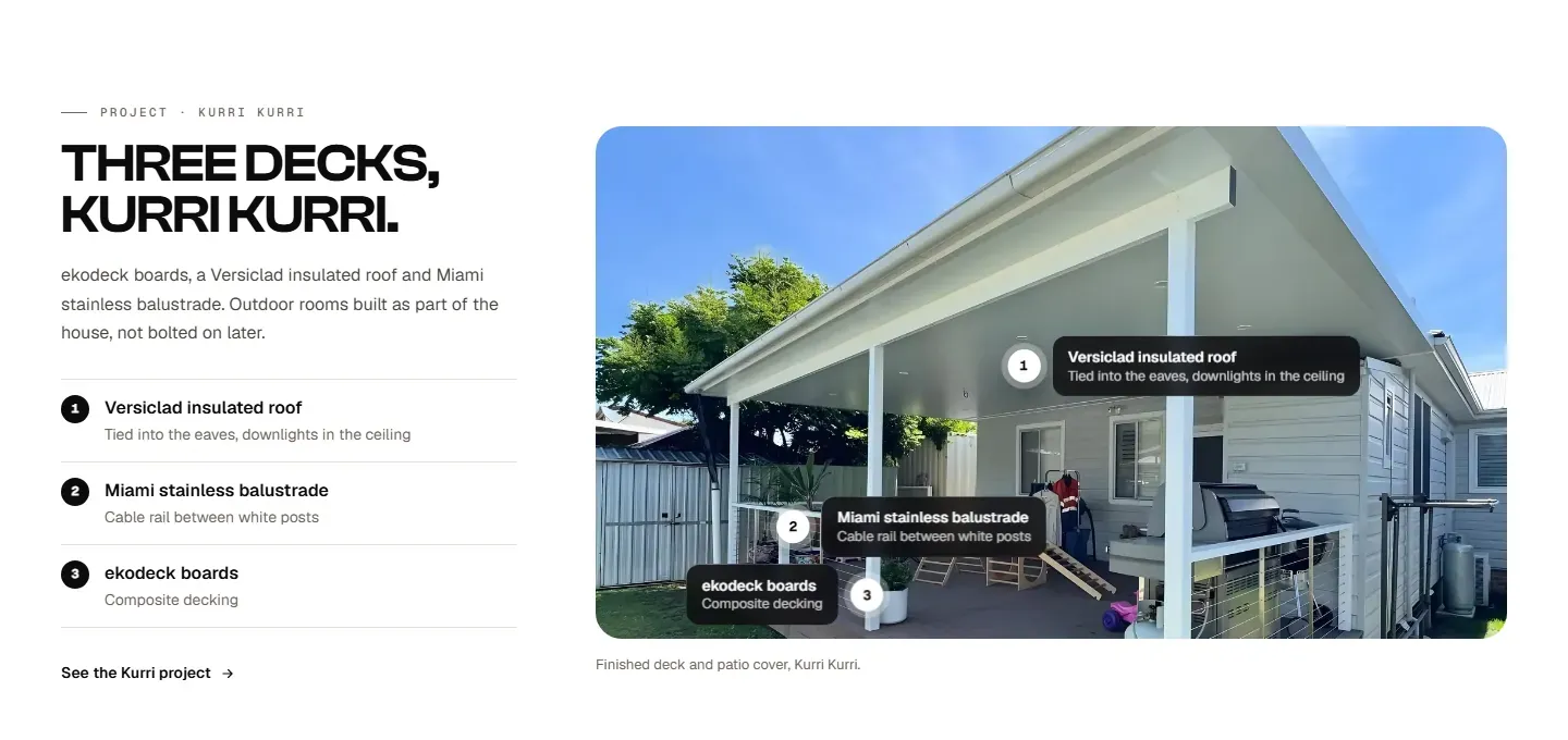 Probuild Construction Co project section: three decks in Kurri Kurri, with roof, balustrade and boards labelled