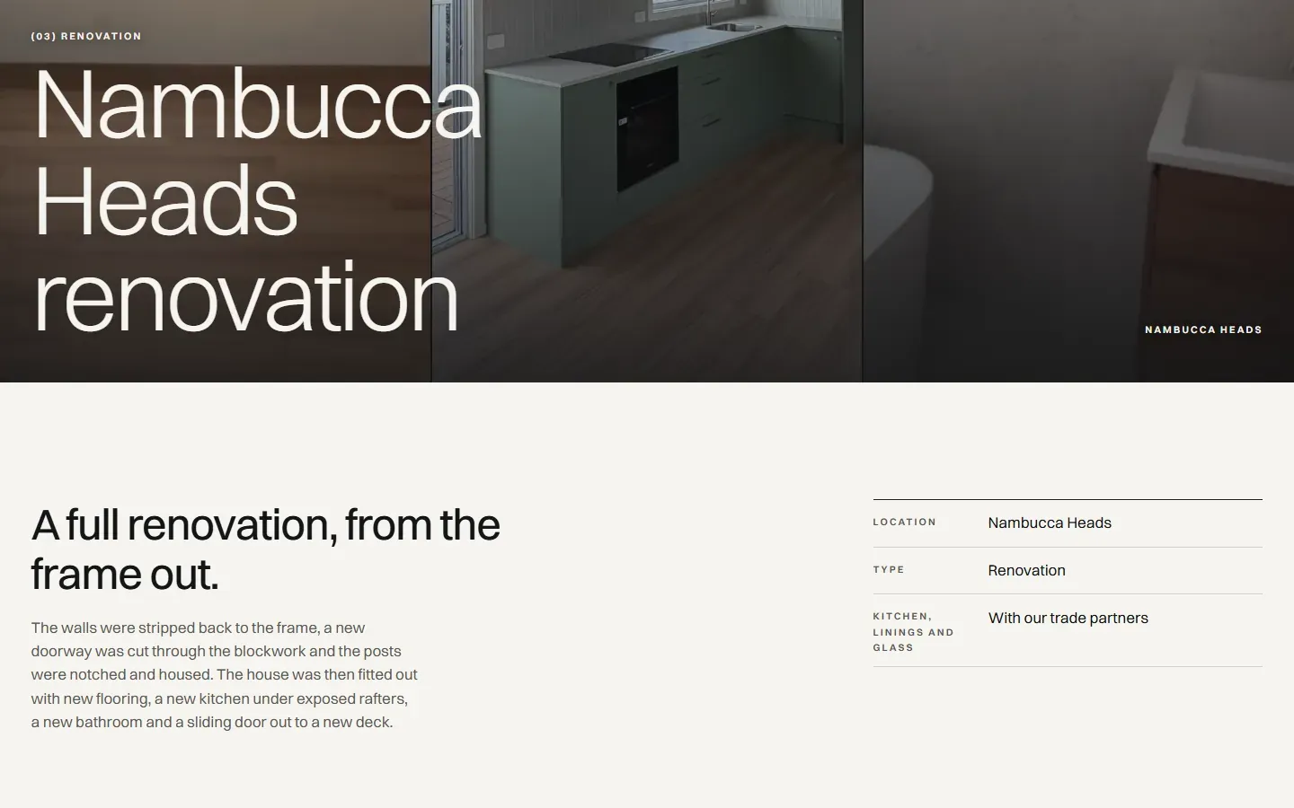 Bodycote Building Nambucca Heads renovation page: the title, what was done, and a table of location, type and trade partners