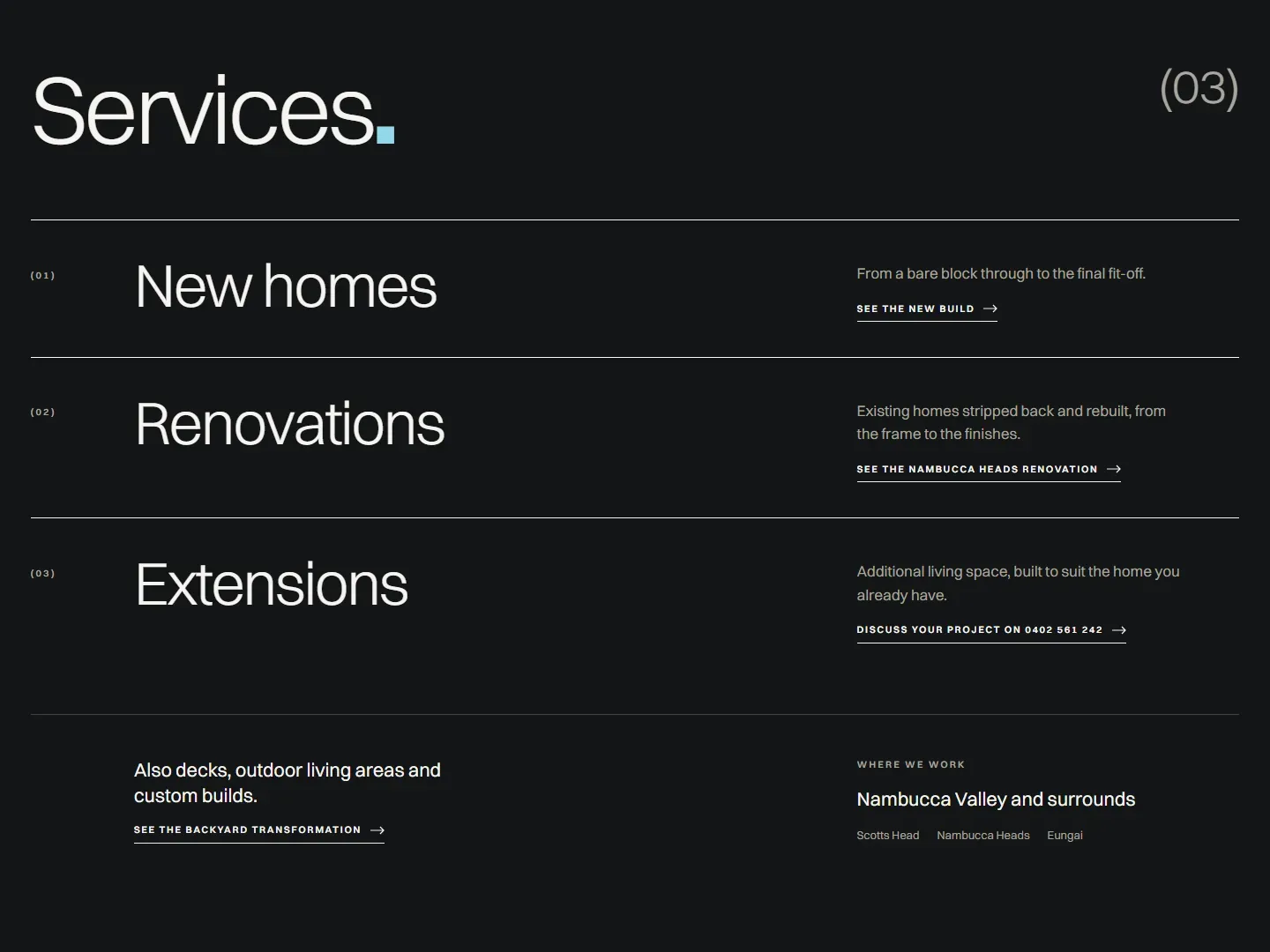 Bodycote Building services: new homes, renovations and extensions, each with one link, then decks and where it works