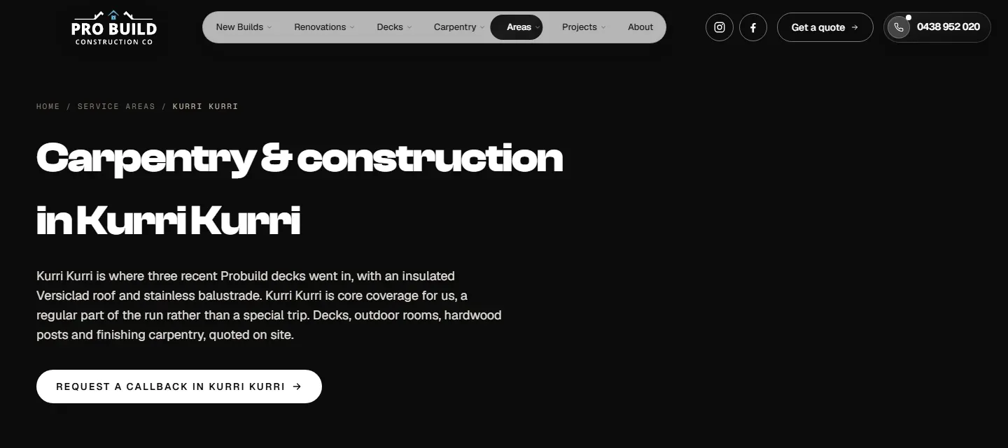 Probuild Construction Co Kurri Kurri page: the opening line says three recent decks went in there, above a callback button