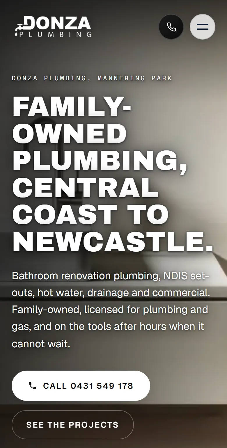 Donza Plumbing homepage on a phone: a round call button in the header and a Call button under the headline