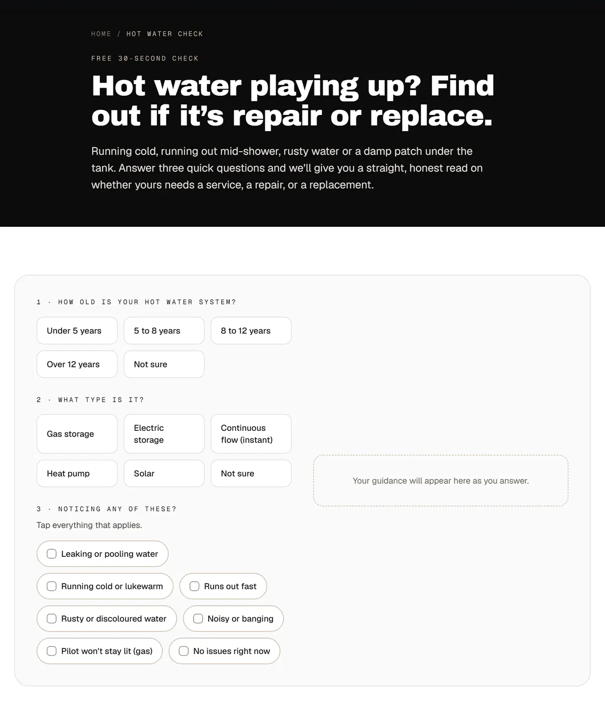 Donza Plumbing hot water check: three questions on the age of the unit, its type and what it is doing, answered with buttons