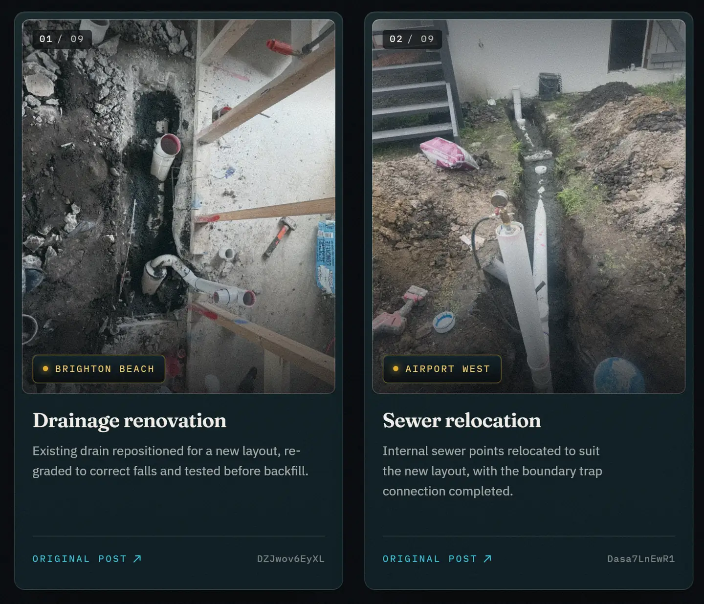 Two AquaCore Plumbing job cards: a drainage renovation in Brighton Beach and a sewer relocation in Airport West