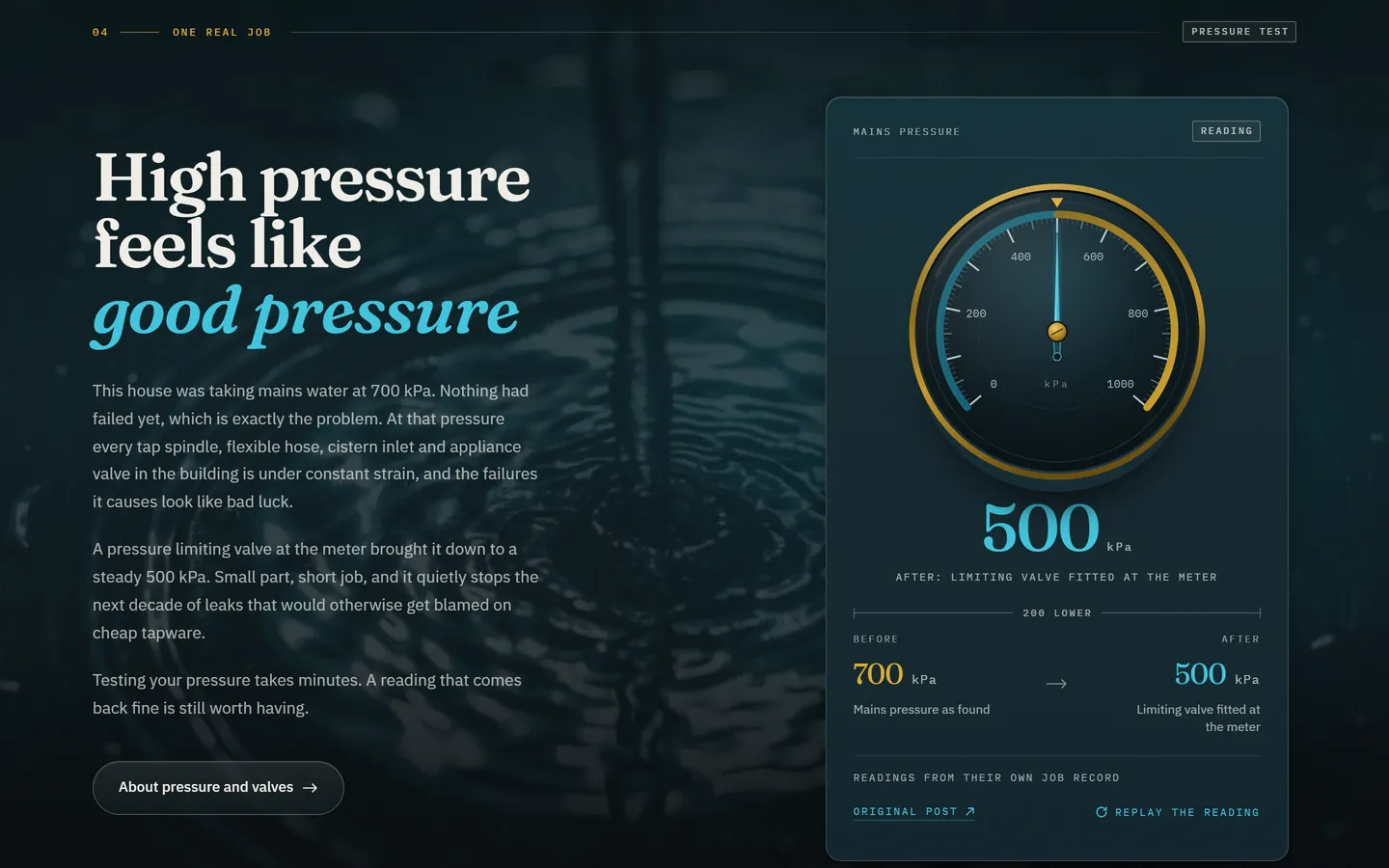 AquaCore Plumbing section on one job: mains pressure of 700 kPa brought down to 500 kPa, shown on a gauge