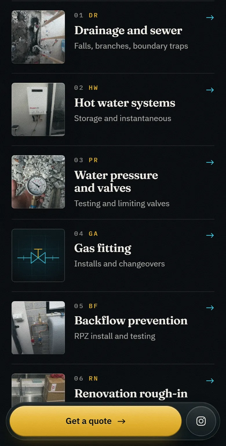 AquaCore Plumbing on a phone: the services list, with a Get a quote bar and an Instagram button fixed at the bottom