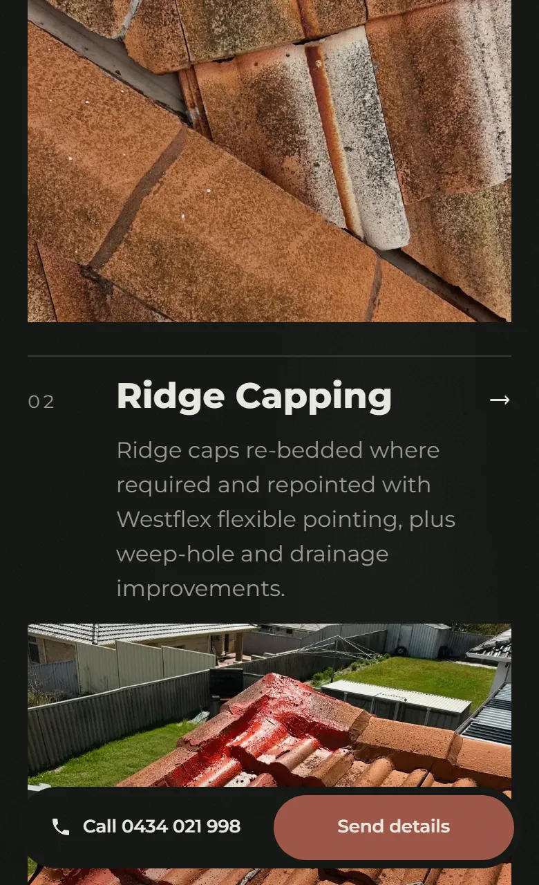 Mandurah Roofing Services on a phone: the services list, with a Call and Send details bar fixed at the bottom of the screen
