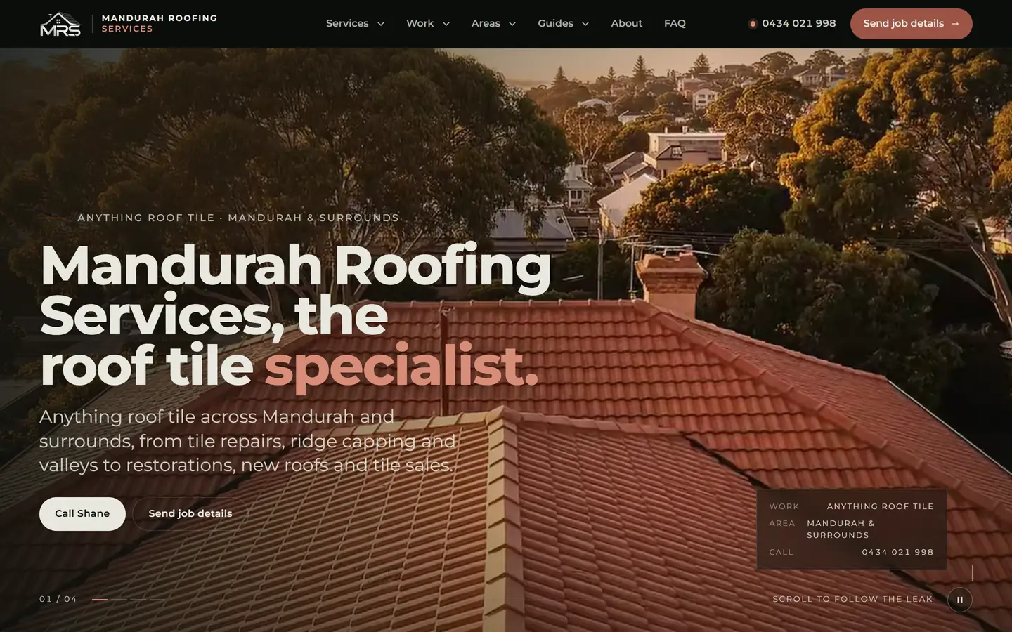 Mandurah Roofing Services homepage: the roof tile specialist headline over an aerial tile roof, with a Call Shane button