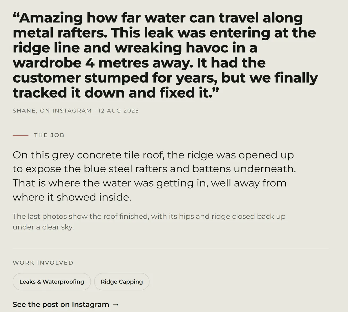 Mandurah Roofing Services job story: Shane's words about a ridge leak, the work done, two service tags and an Instagram link