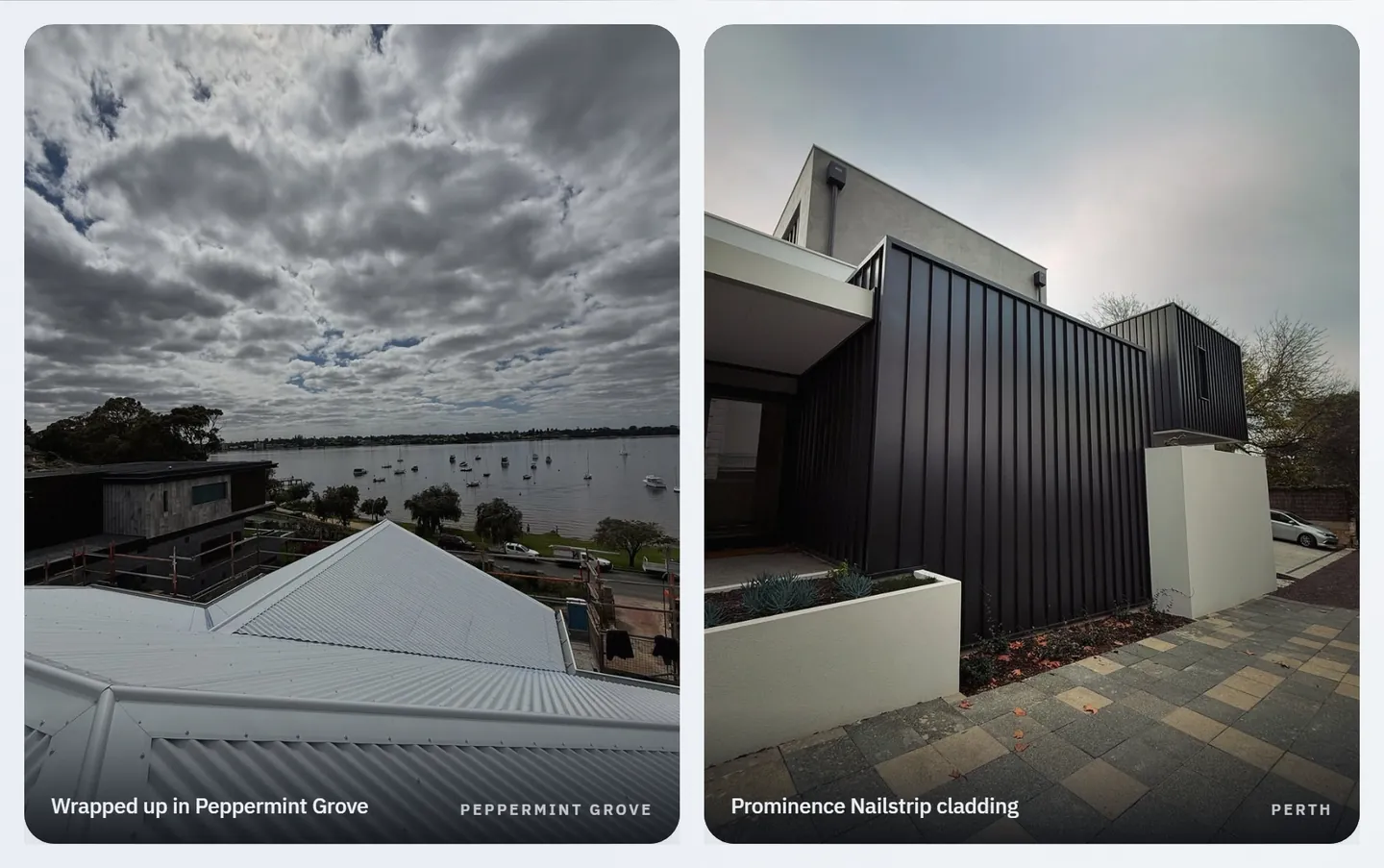 Two McDonald Roofing Company work photos, captioned Wrapped up in Peppermint Grove and Prominence Nailstrip cladding, Perth