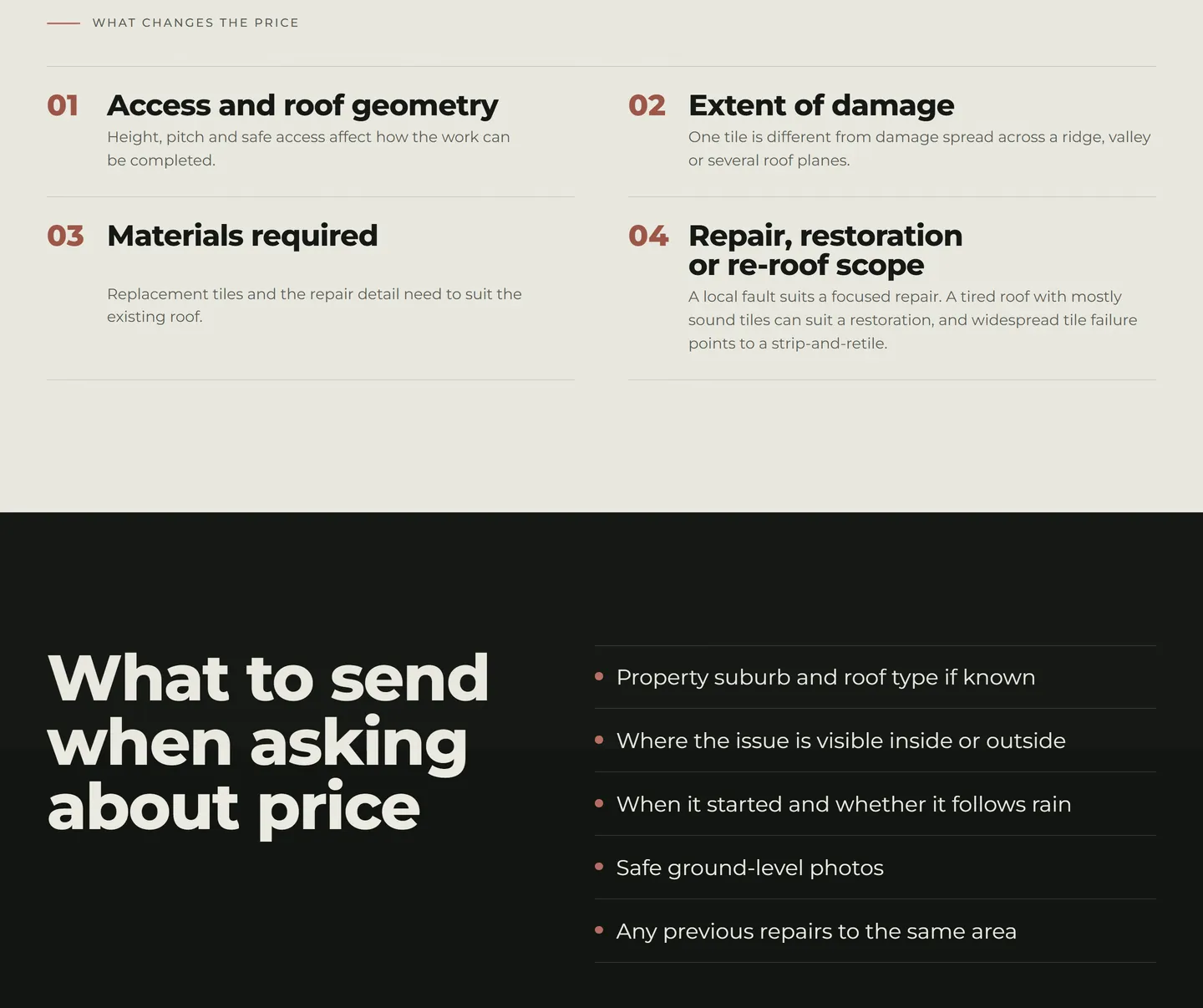 Mandurah Roofing Services pricing page: four things that change the price, then a list of what to send when asking