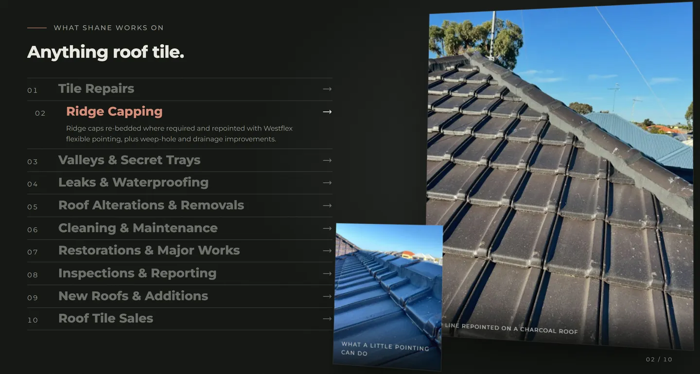 Mandurah Roofing Services homepage list of ten roof tile services, with Ridge Capping open beside two photos of the work
