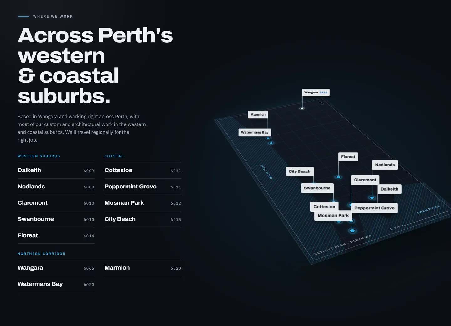 McDonald Roofing Company Where we work section: twelve Perth suburbs with postcodes, beside a drawn plan with a pin on each
