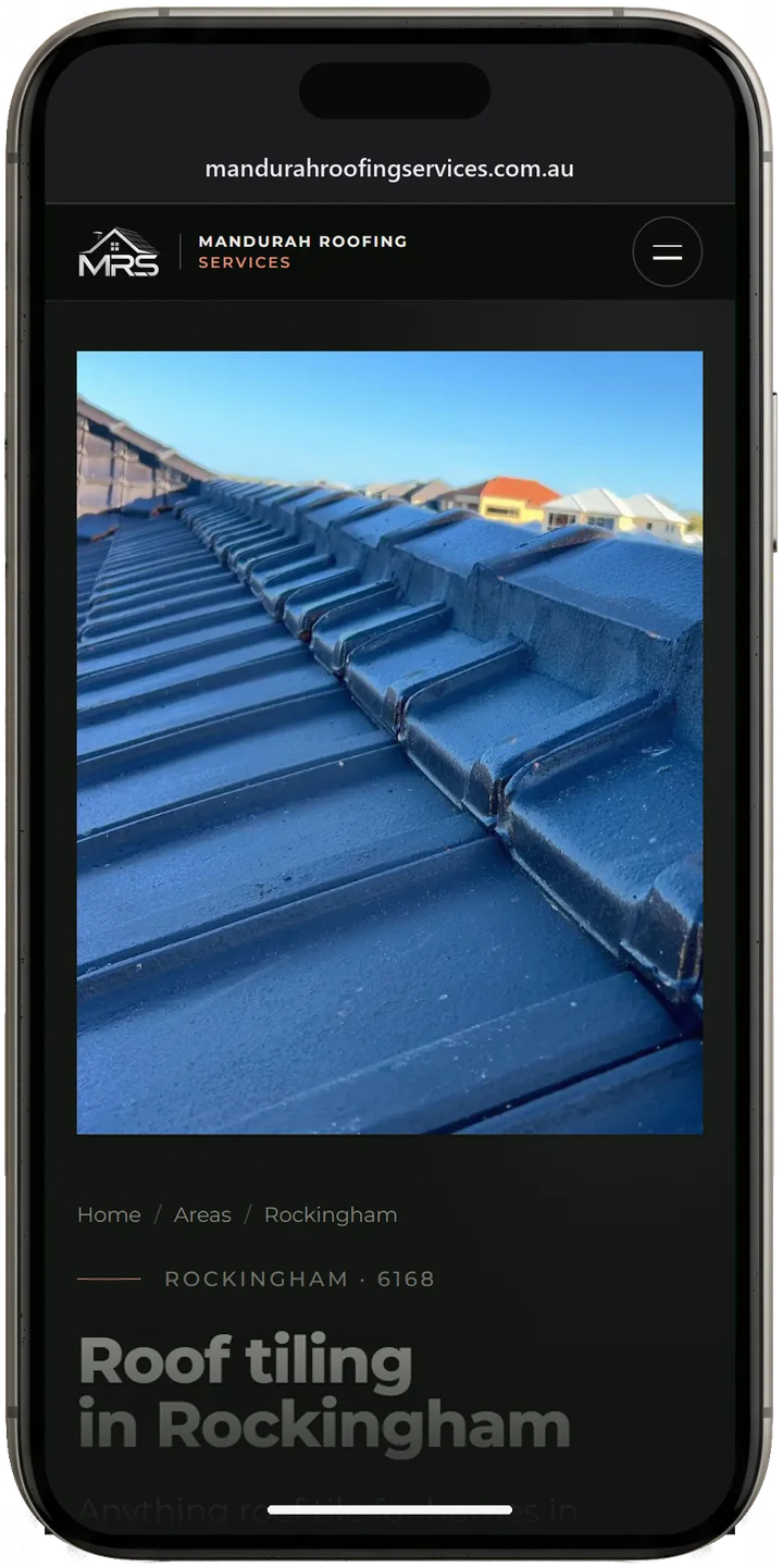 Mandurah Roofing Services' Rockingham page on a phone: the heading Roof tiling in Rockingham under a photo of a coated tile roof and ridge