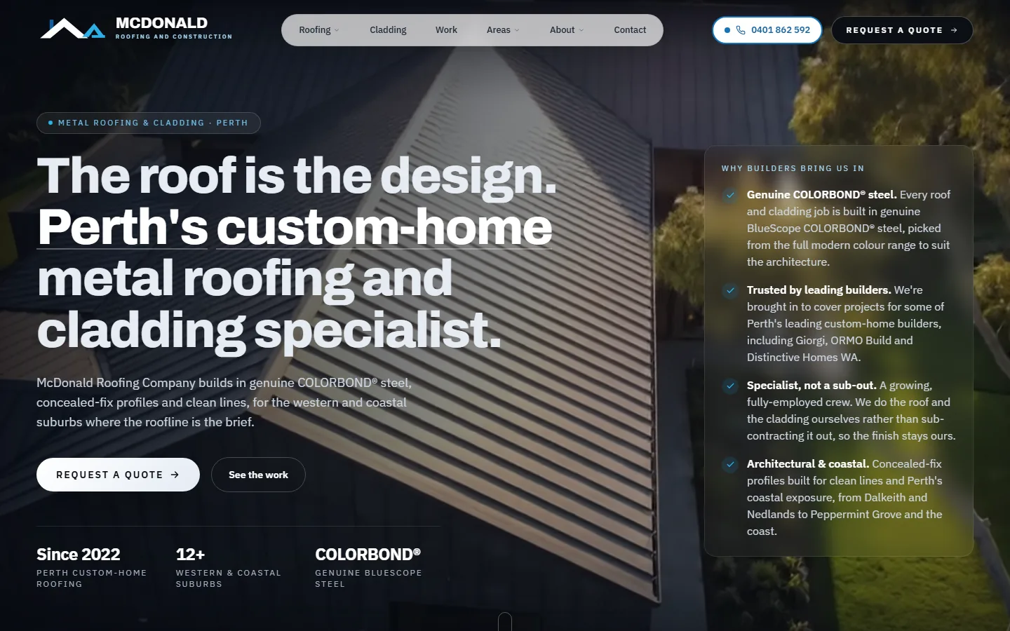 McDonald Roofing Company homepage showing specialist metal roofing work and a clear quote path